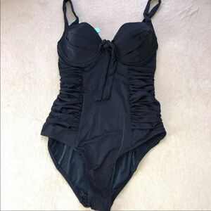 Robyn Lawley black ruched one piece swimsuit